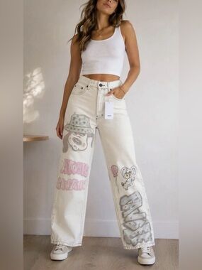 Bershka Graphic Doodle Print High-Waisted Wide-Leg White Jeans US 34 Y2K / 90s